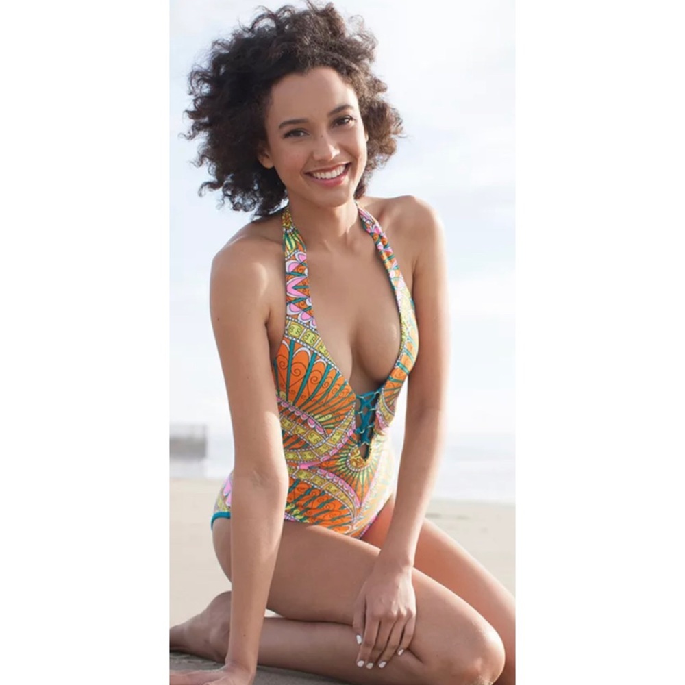 Trina Turk Capri Orange Halter Lace Up Swimsuit 14